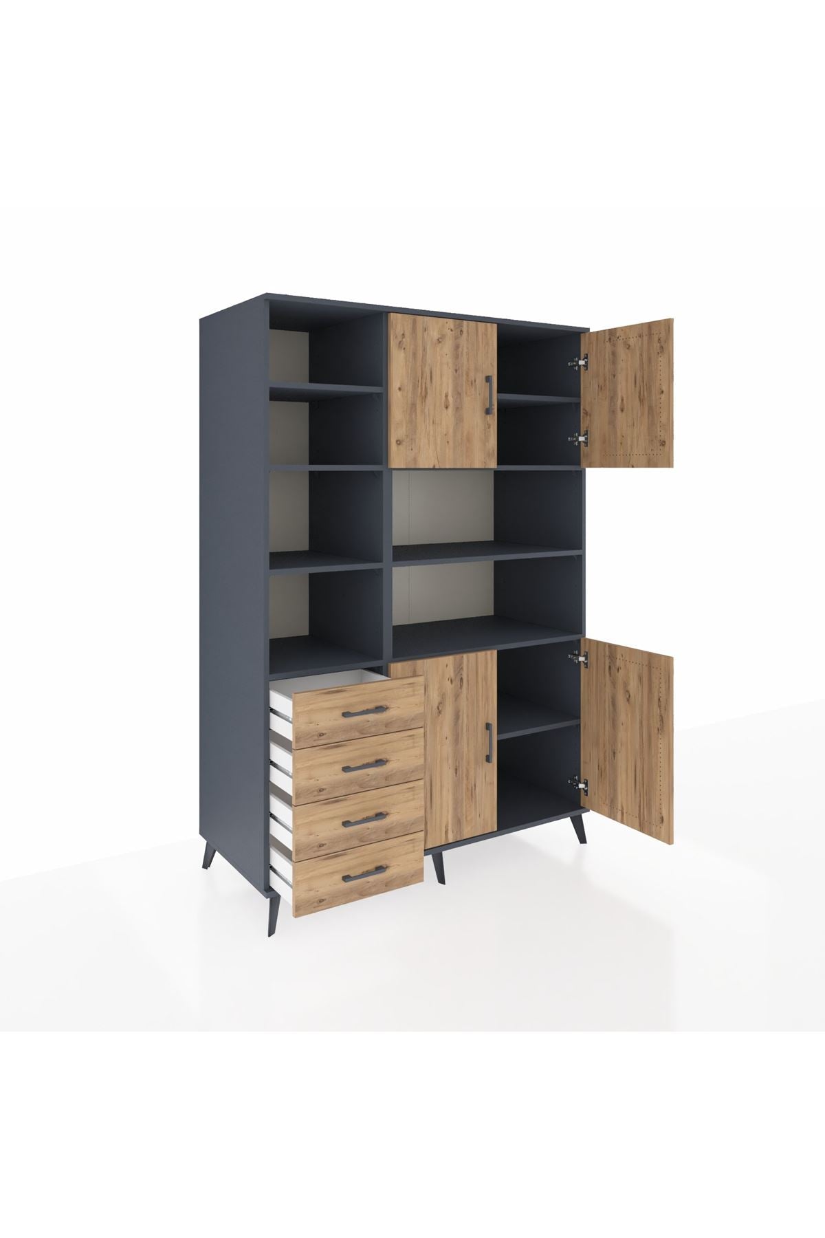 Kronos Dolap 9 Raflı 4 Çekmeceli 4 Kapaklı 132x59x195 Antrasit-Çam/Çam