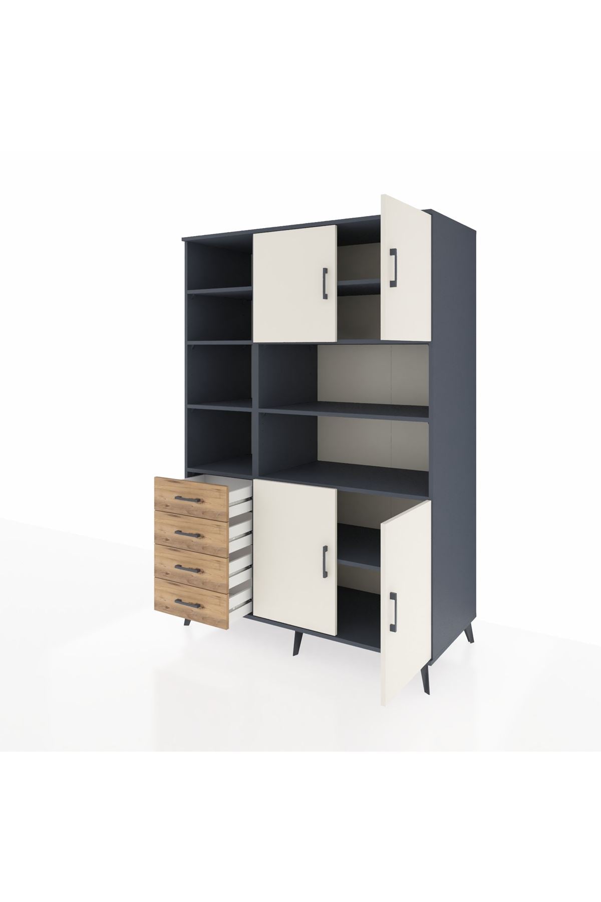 Kronos Dolap 9 Raflı 4 Çekmeceli 4 Kapaklı 132x59x195 Antrasit-Aytaşı/Çam