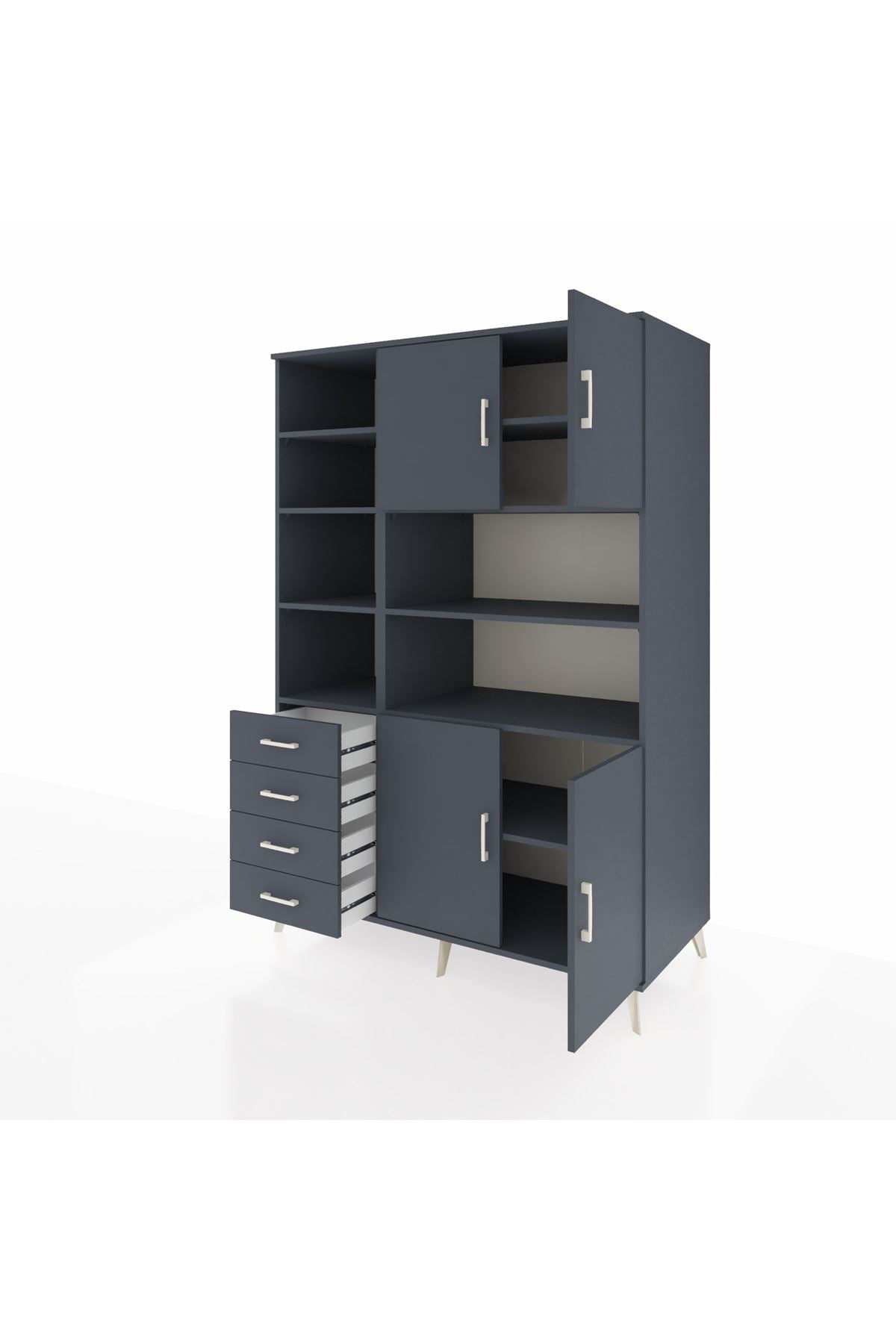 Kronos Dolap 9 Raflı 4 Çekmeceli 4 Kapaklı 132x59x195 Antrasit-Antrasit/Antrasit