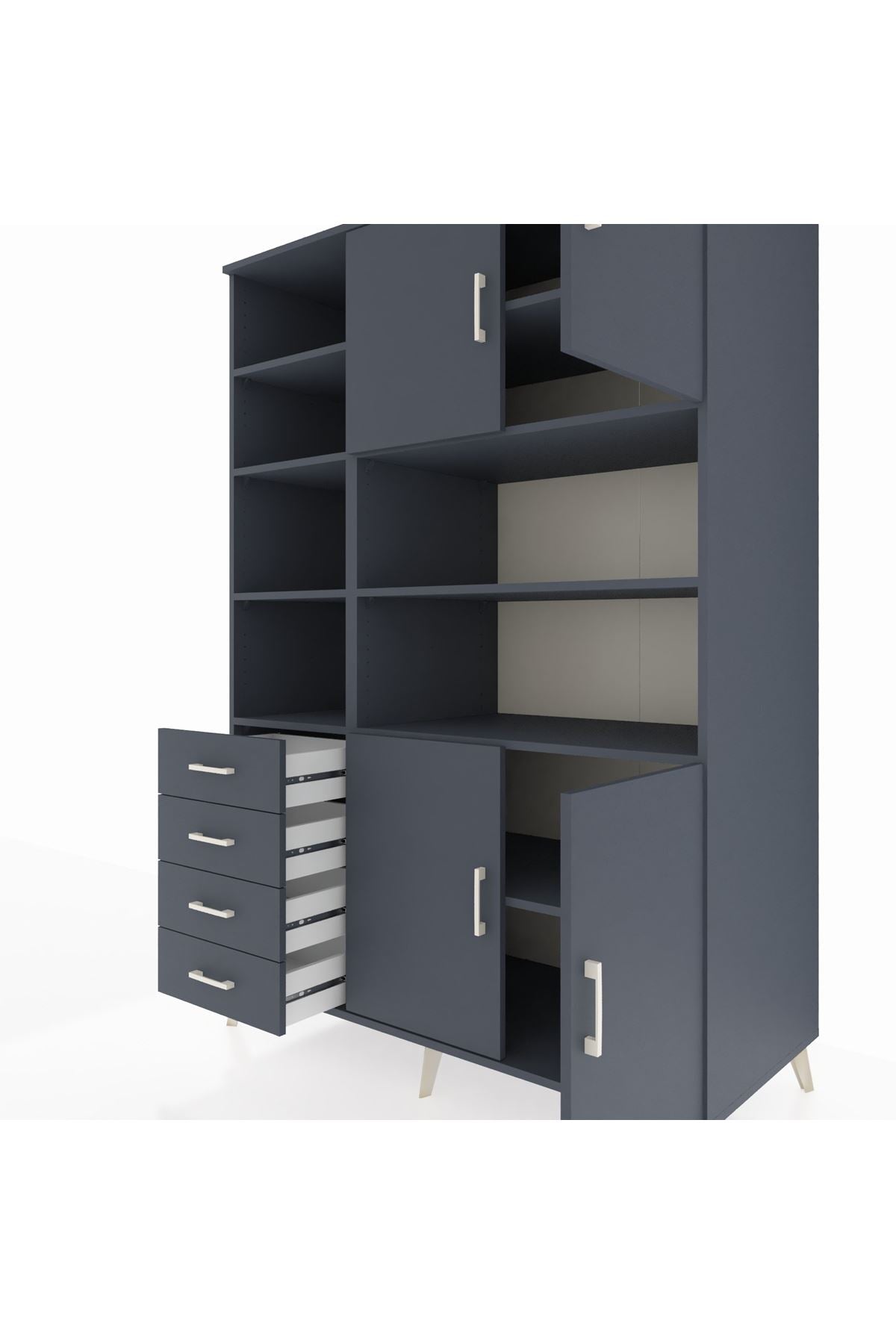 Kronos Dolap 9 Raflı 4 Çekmeceli 4 Kapaklı 132x59x195 Antrasit-Antrasit/Antrasit