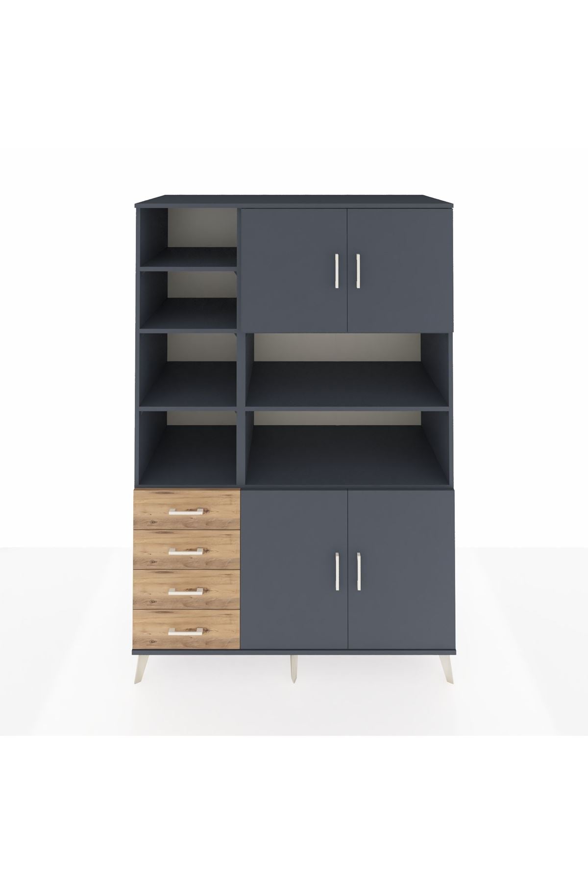 Kronos Dolap 9 Raflı 4 Çekmeceli 4 Kapaklı 132x59x195 Antrasit-Antrasit/Çam