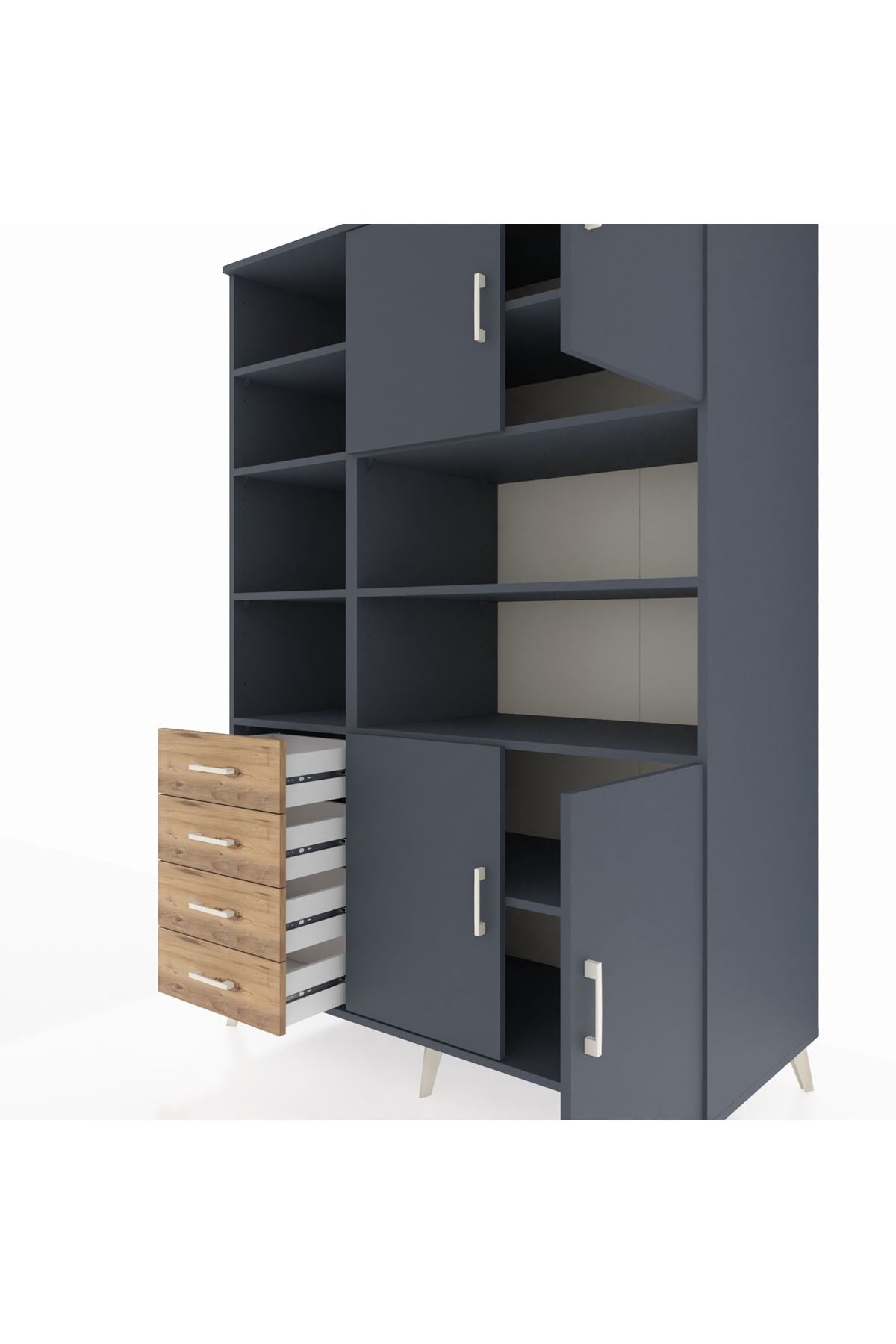 Kronos Dolap 9 Raflı 4 Çekmeceli 4 Kapaklı 132x59x195 Antrasit-Antrasit/Çam