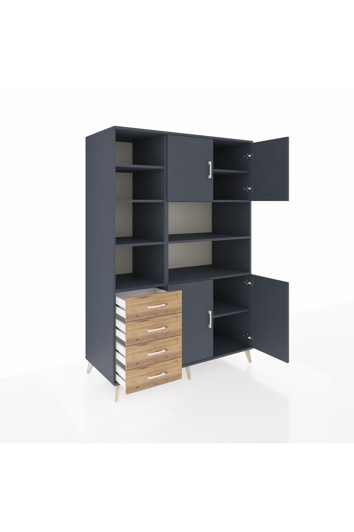 Kronos Dolap 9 Raflı 4 Çekmeceli 4 Kapaklı 132x59x195 Antrasit-Antrasit/Çam