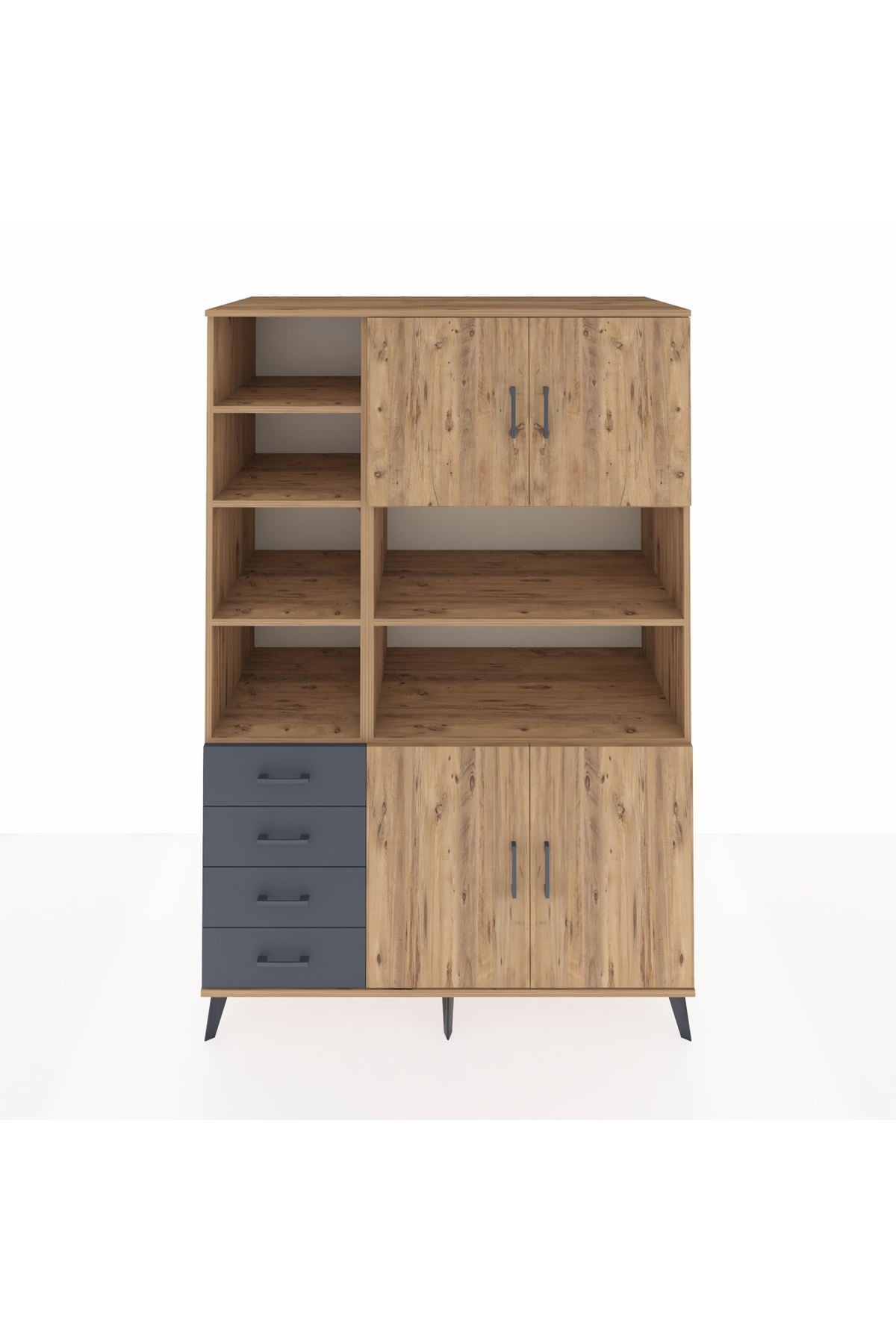 Kronos Dolap 9 Raflı 4 Çekmeceli 4 Kapaklı 132x59x195 Çam-Çam/Antrasit