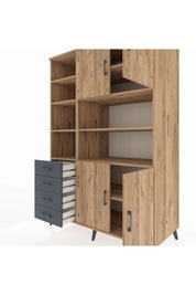 Kronos Dolap 9 Raflı 4 Çekmeceli 4 Kapaklı 132x59x195 Çam-Çam/Antrasit