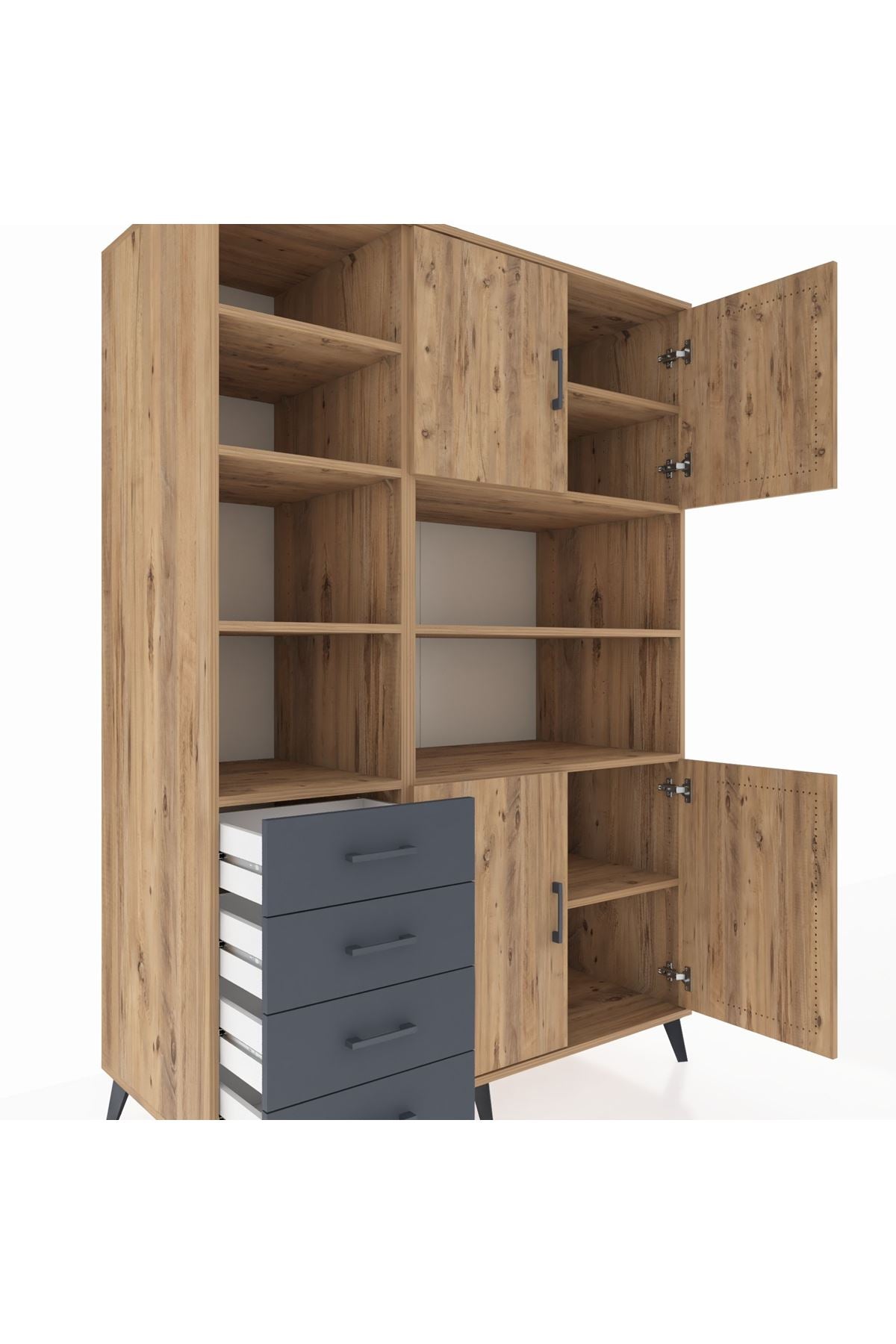 Kronos Dolap 9 Raflı 4 Çekmeceli 4 Kapaklı 132x59x195 Çam-Çam/Antrasit