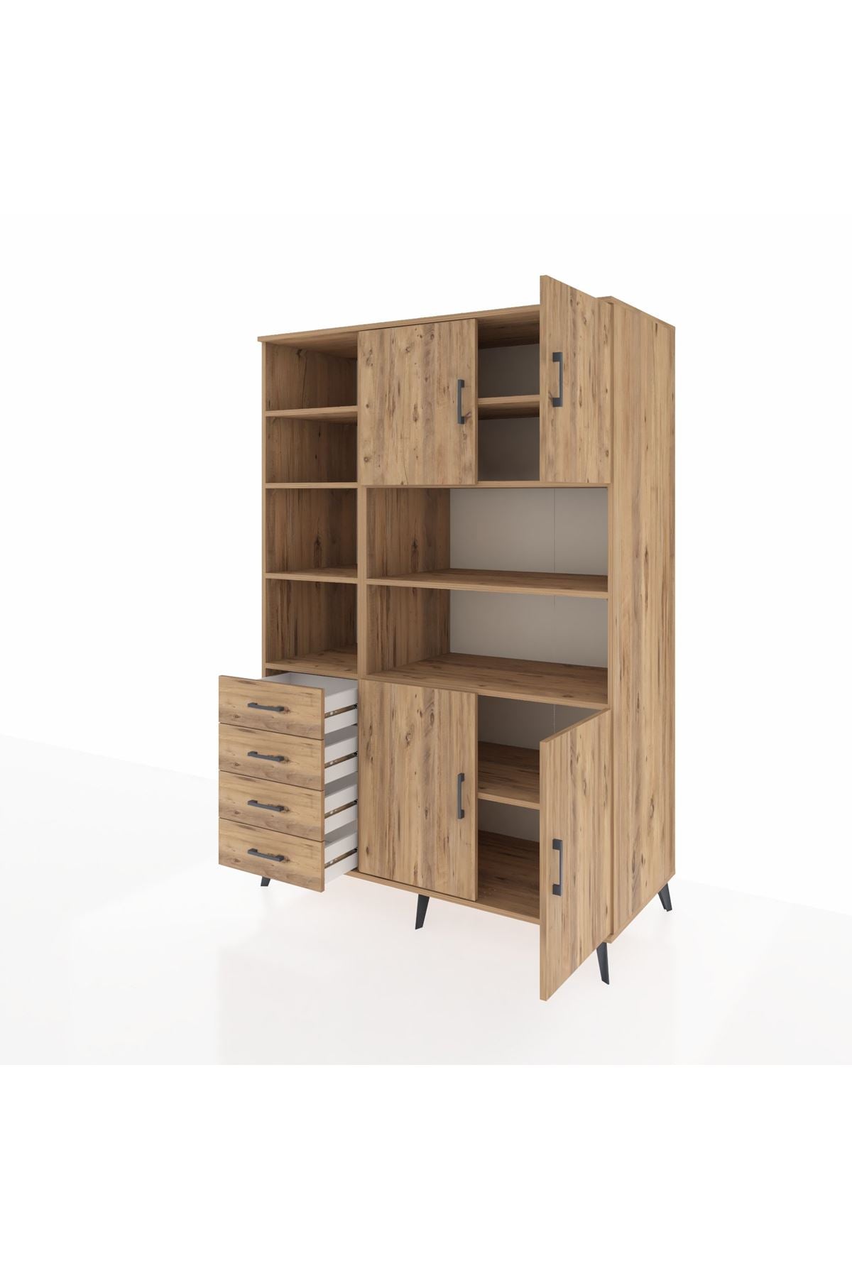 Kronos Dolap 9 Raflı 4 Çekmeceli 4 Kapaklı 132x59x195 Çam-Çam/Çam