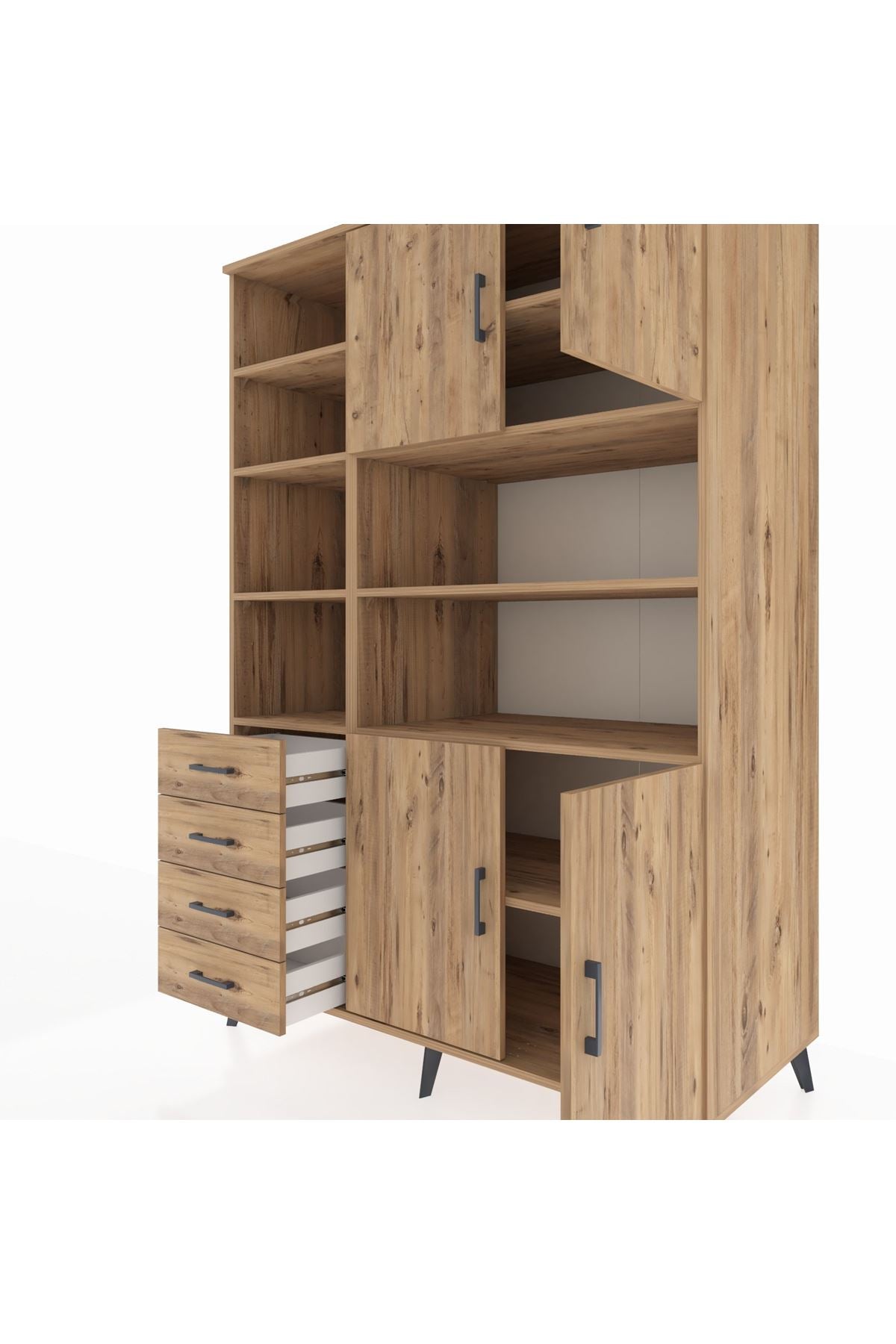 Kronos Dolap 9 Raflı 4 Çekmeceli 4 Kapaklı 132x59x195 Çam-Çam/Çam