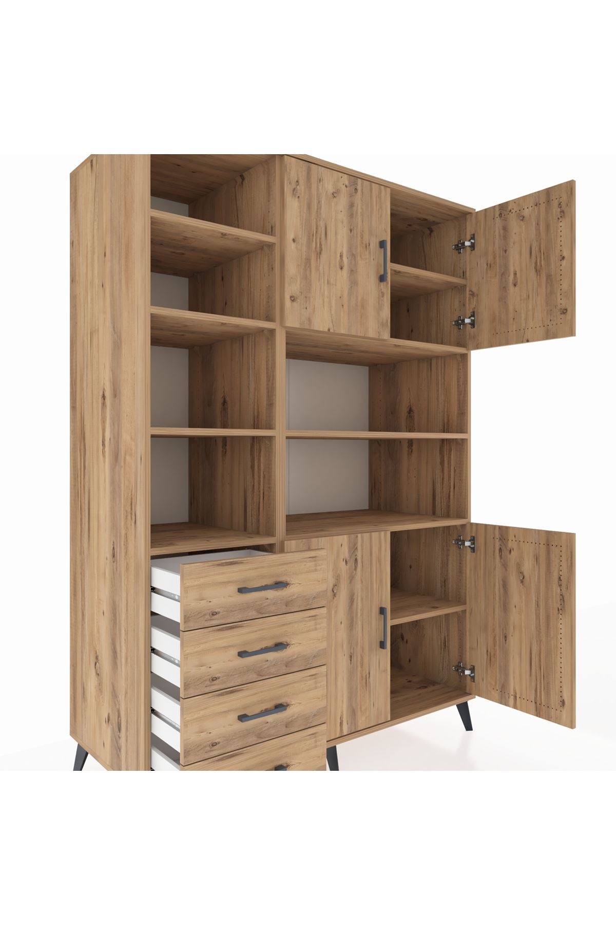 Kronos Dolap 9 Raflı 4 Çekmeceli 4 Kapaklı 132x59x195 Çam-Çam/Çam