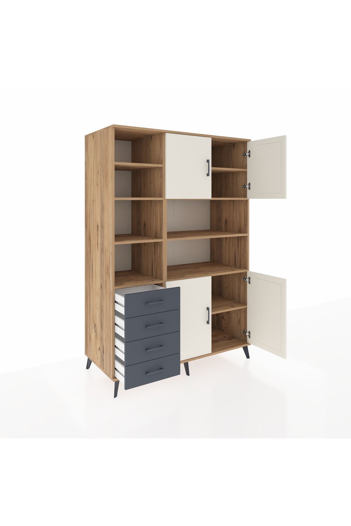 Kronos Dolap 9 Raflı 4 Çekmeceli 4 Kapaklı 132x59x195 Çam-Aytaşı/Antrasit