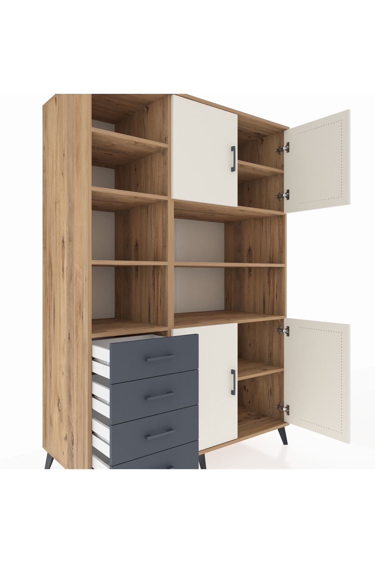 Kronos Dolap 9 Raflı 4 Çekmeceli 4 Kapaklı 132x59x195 Çam-Aytaşı/Antrasit