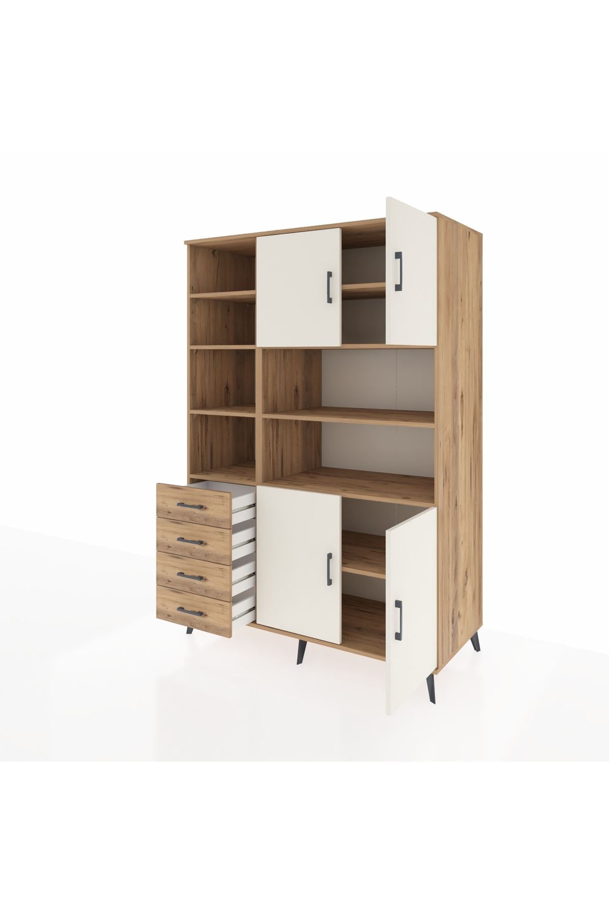 Kronos Dolap 9 Raflı 4 Çekmeceli 4 Kapaklı 132x59x195 Çam-Aytaşı/Çam