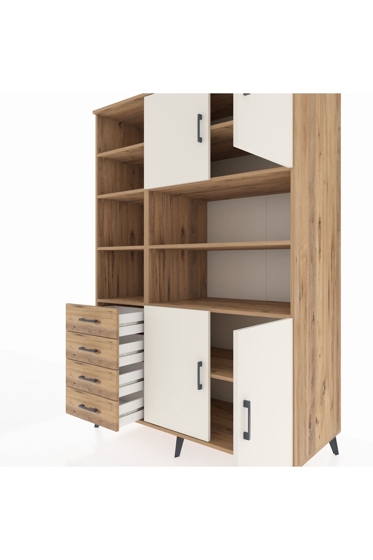 Kronos Dolap 9 Raflı 4 Çekmeceli 4 Kapaklı 132x59x195 Çam-Aytaşı/Çam