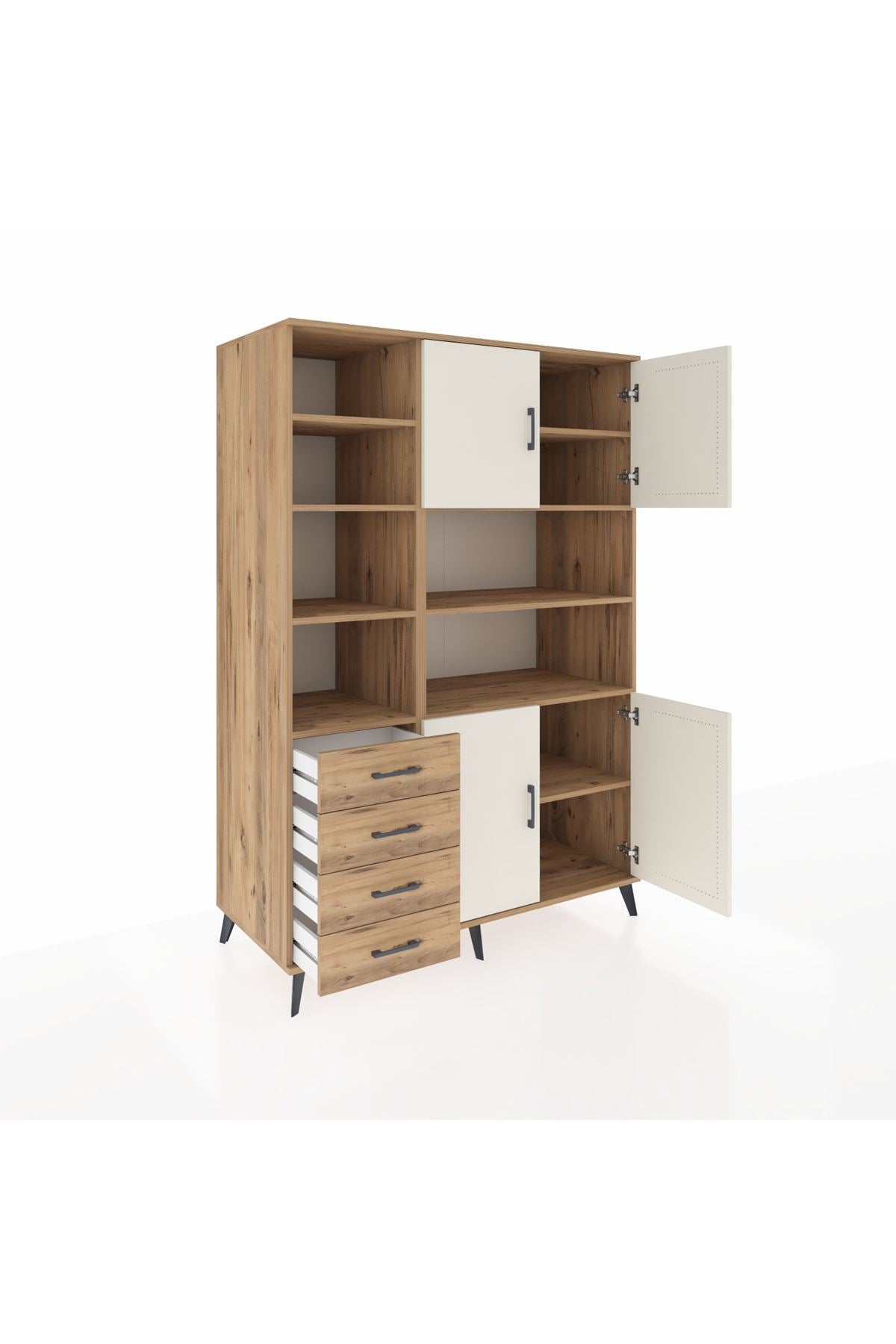 Kronos Dolap 9 Raflı 4 Çekmeceli 4 Kapaklı 132x59x195 Çam-Aytaşı/Çam