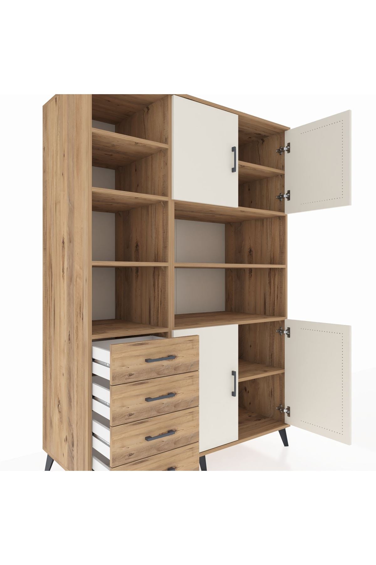 Kronos Dolap 9 Raflı 4 Çekmeceli 4 Kapaklı 132x59x195 Çam-Aytaşı/Çam