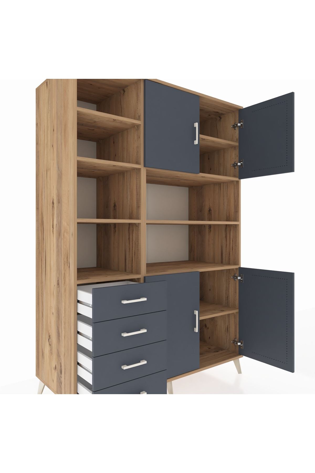 Kronos Dolap 9 Raflı 4 Çekmeceli 4 Kapaklı 132x59x195 Çam-Antrasit/Antrasit