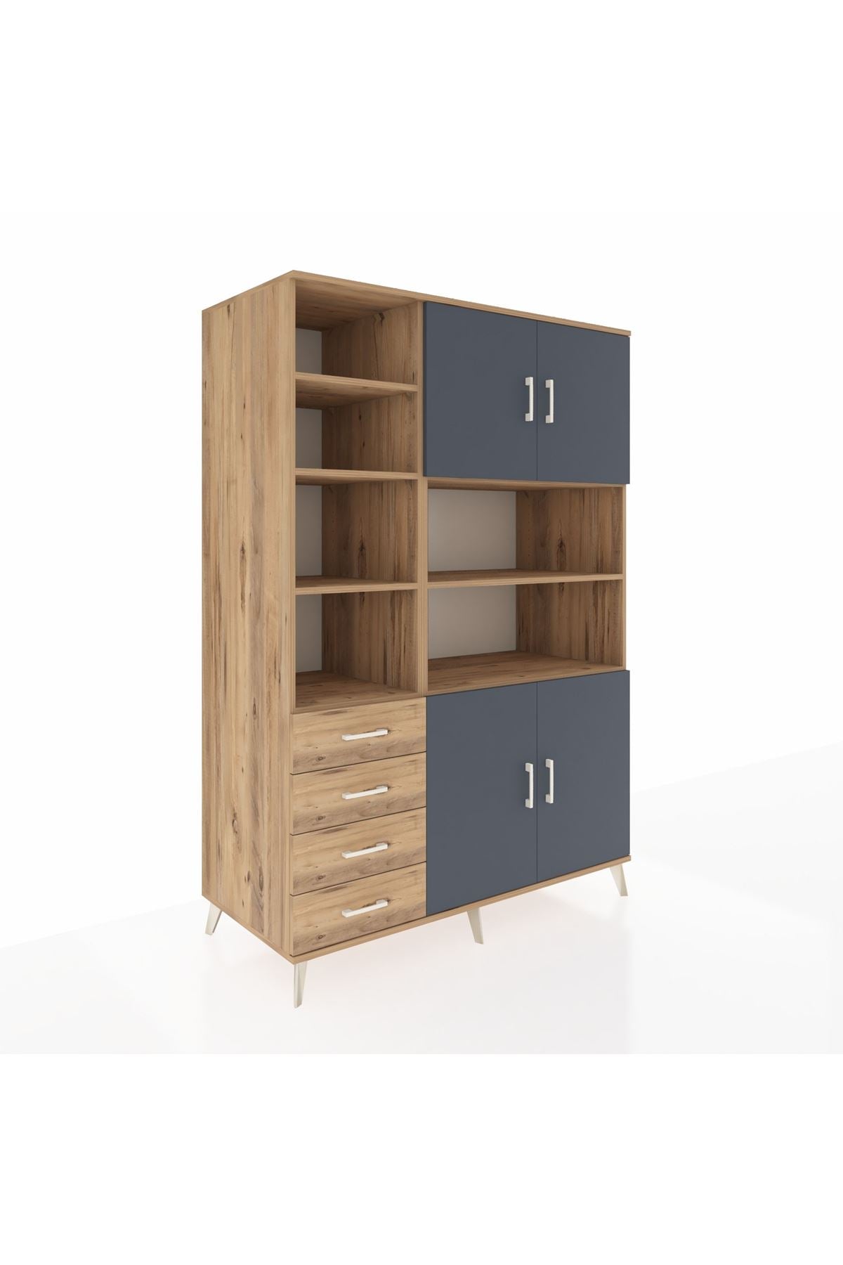 Kronos Dolap 9 Raflı 4 Çekmeceli 4 Kapaklı 132x59x195 Çam-Antrasit/Çam