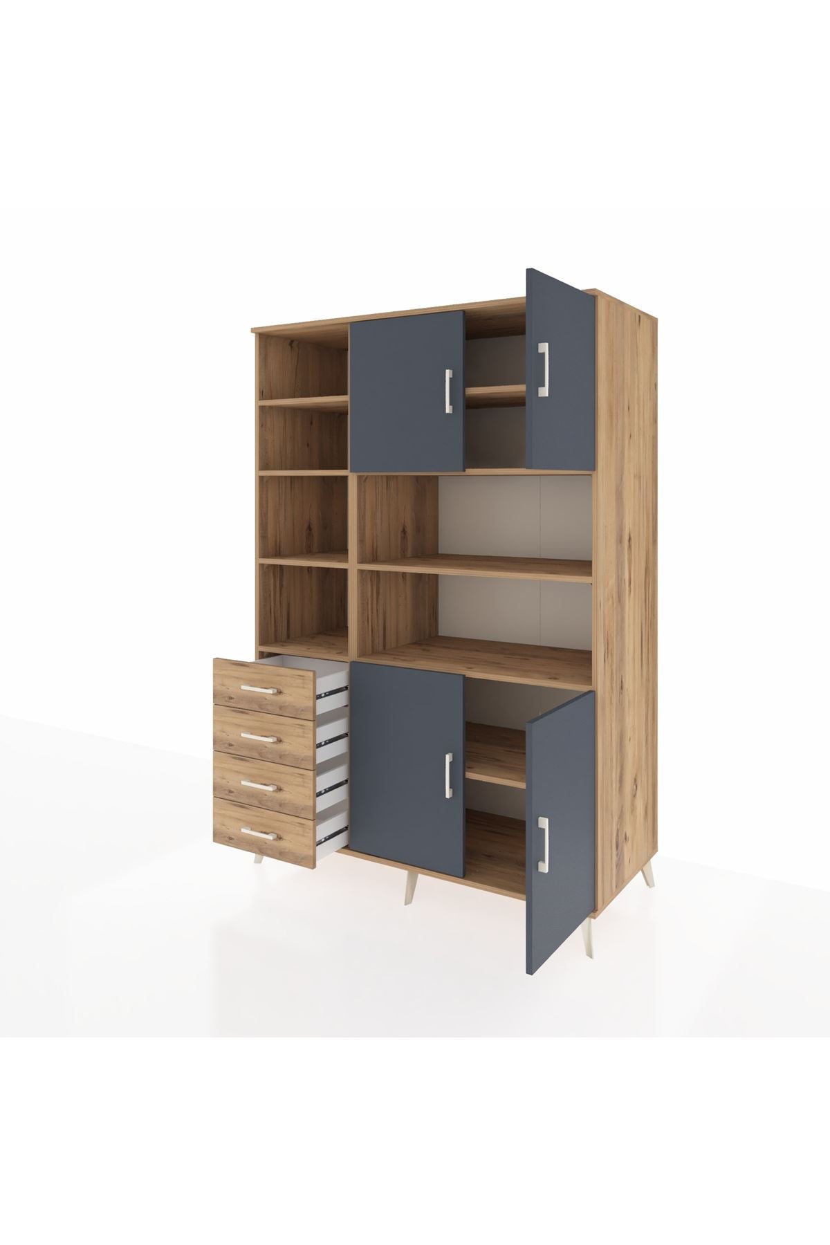 Kronos Dolap 9 Raflı 4 Çekmeceli 4 Kapaklı 132x59x195 Çam-Antrasit/Çam