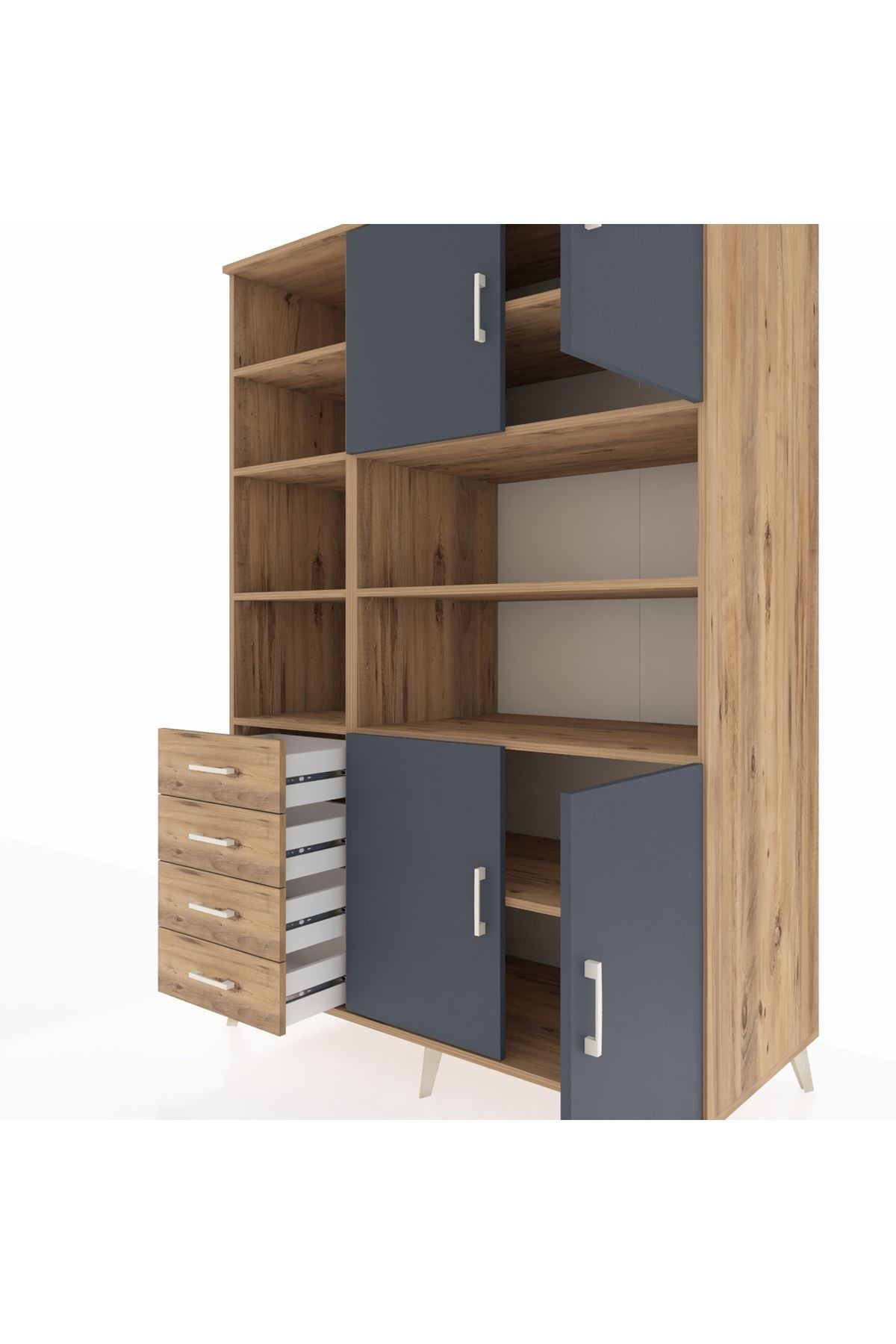 Kronos Dolap 9 Raflı 4 Çekmeceli 4 Kapaklı 132x59x195 Çam-Antrasit/Çam