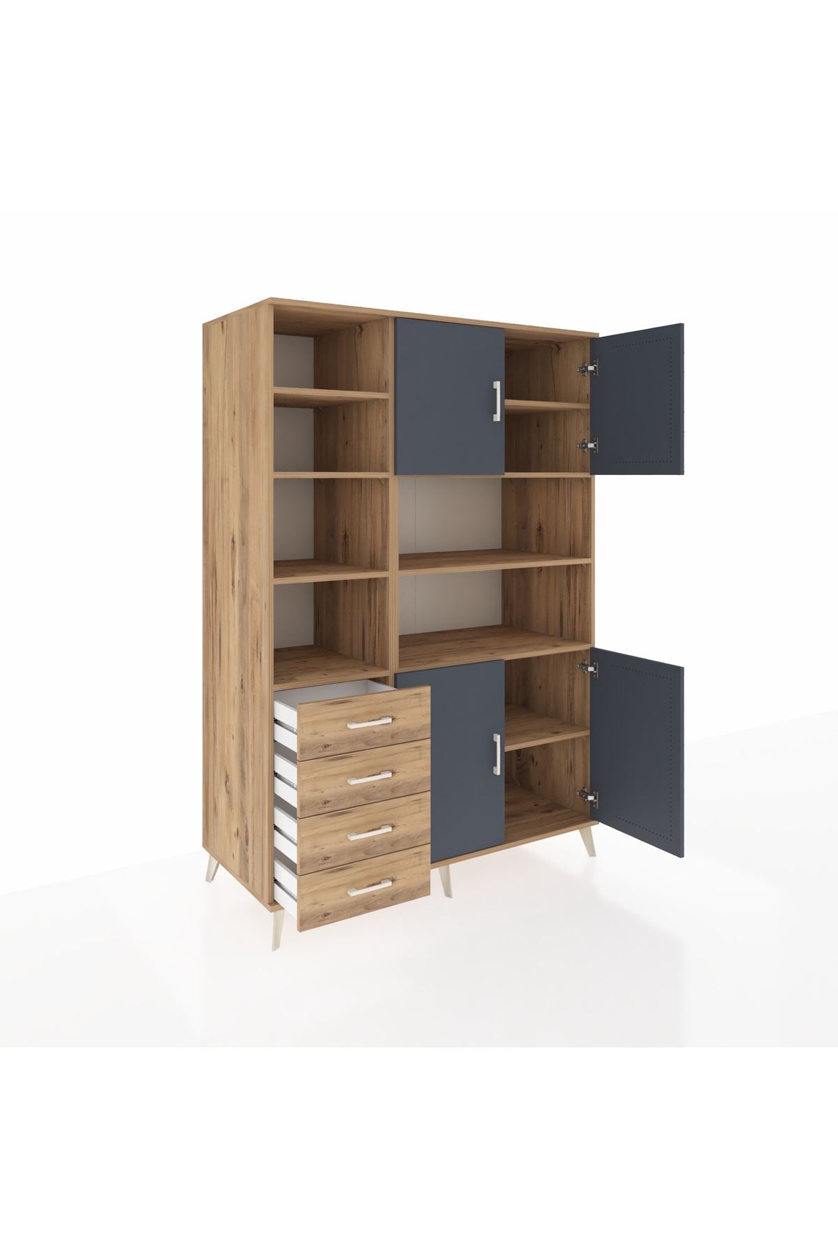 Kronos Dolap 9 Raflı 4 Çekmeceli 4 Kapaklı 132x59x195 Çam-Antrasit/Çam