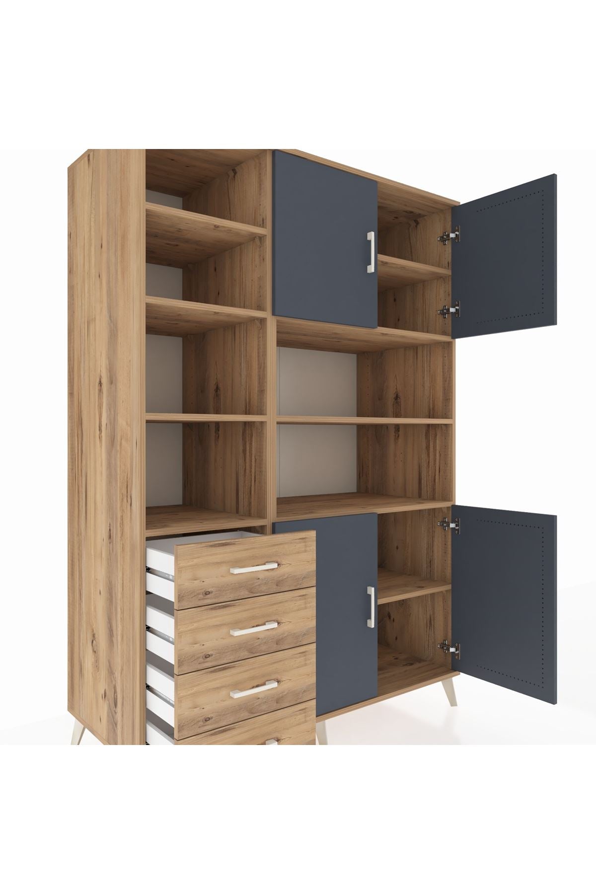 Kronos Dolap 9 Raflı 4 Çekmeceli 4 Kapaklı 132x59x195 Çam-Antrasit/Çam