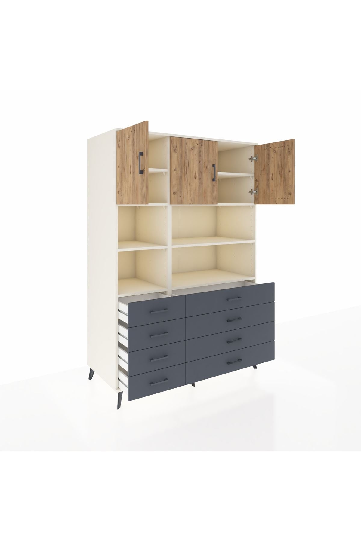 Kronos Dolap 8 Raflı 8 Çekmeceli 3 Kapaklı 132x59x195 Aytaşı-Çam/Antrasit