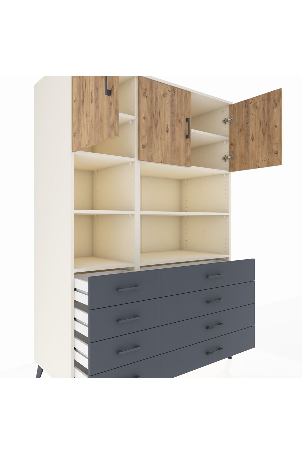 Kronos Dolap 8 Raflı 8 Çekmeceli 3 Kapaklı 132x59x195 Aytaşı-Çam/Antrasit