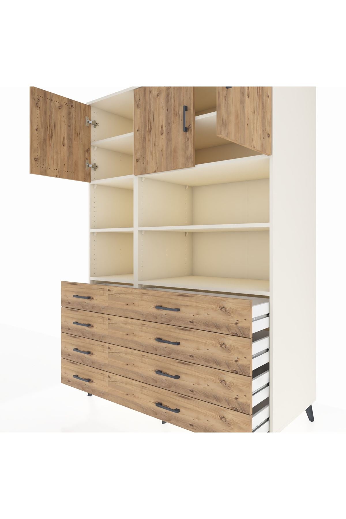 Kronos Dolap 8 Raflı 8 Çekmeceli 3 Kapaklı 132x59x195 Aytaşı-Çam/Çam