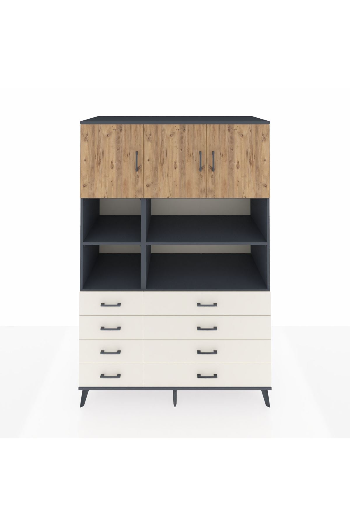 Kronos Dolap 8 Raflı 8 Çekmeceli 3 Kapaklı 132x59x195 Antrasit-Çam/Aytaşı