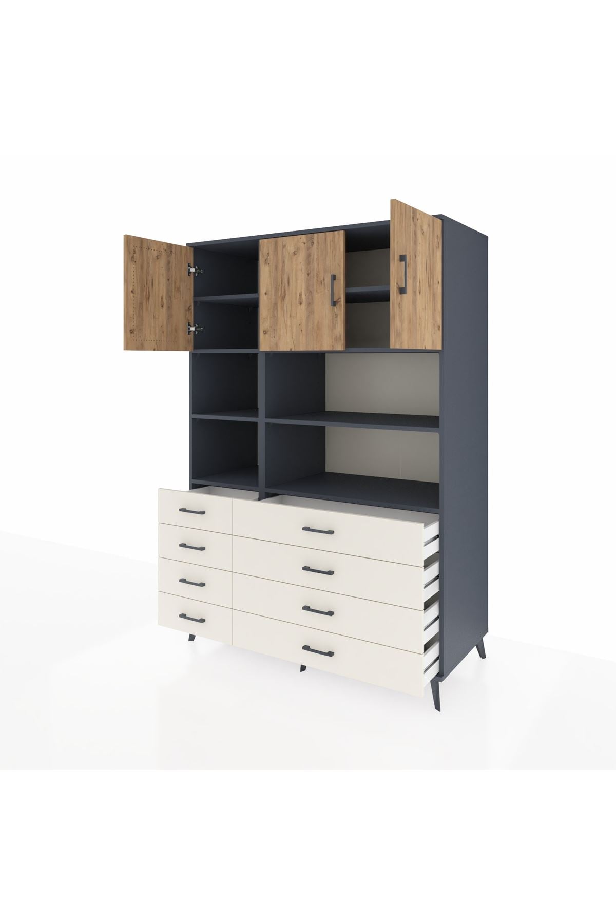 Kronos Dolap 8 Raflı 8 Çekmeceli 3 Kapaklı 132x59x195 Antrasit-Çam/Aytaşı