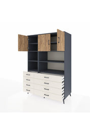Kronos Dolap 8 Raflı 8 Çekmeceli 3 Kapaklı 132x59x195 Antrasit-Çam/Aytaşı