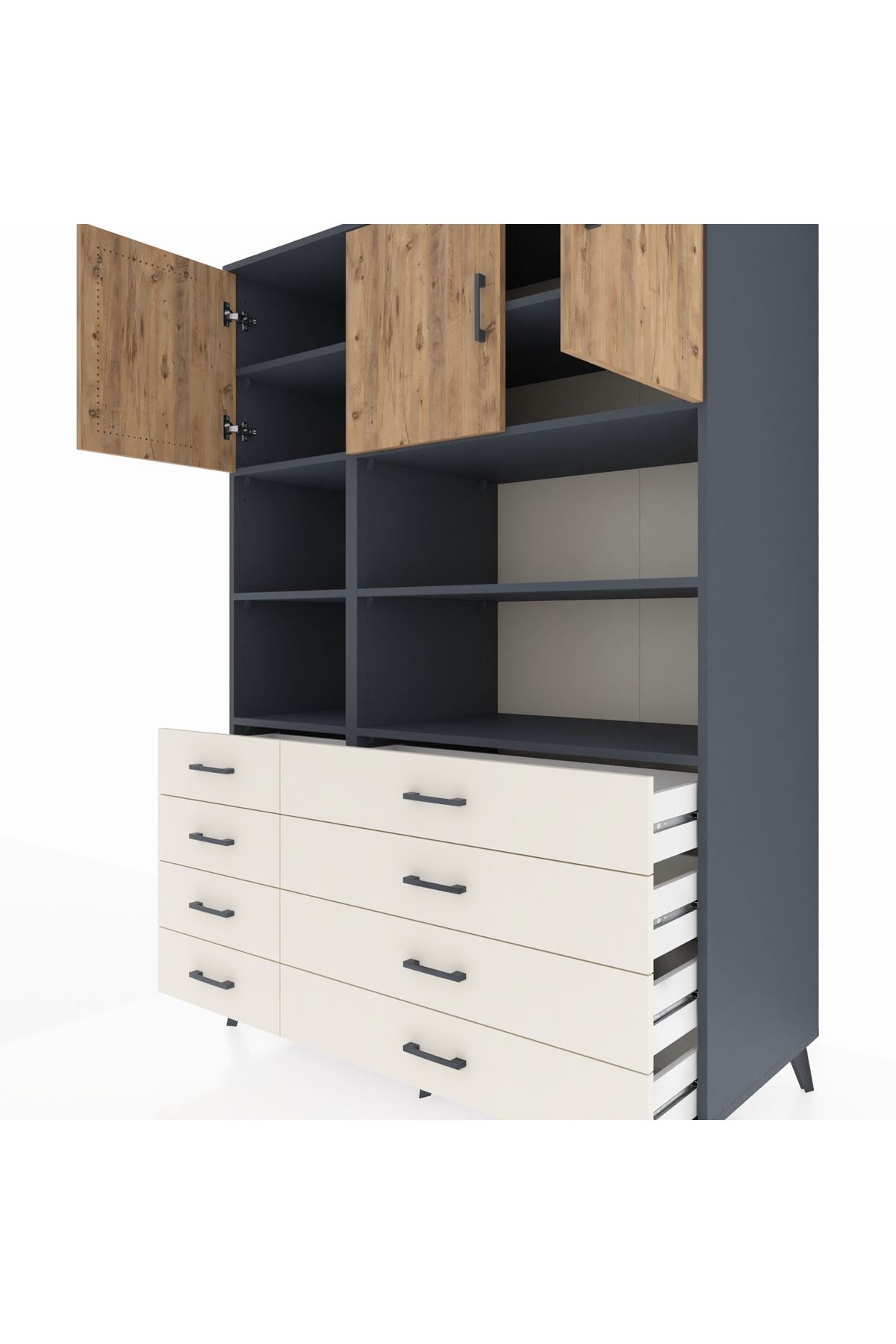 Kronos Dolap 8 Raflı 8 Çekmeceli 3 Kapaklı 132x59x195 Antrasit-Çam/Aytaşı