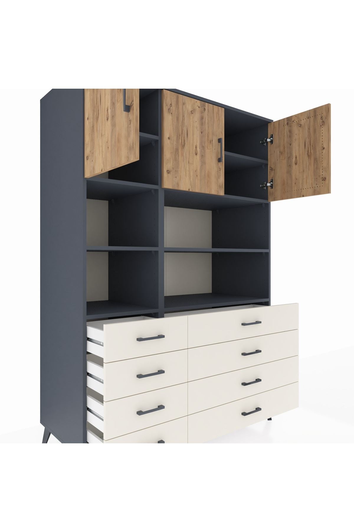 Kronos Dolap 8 Raflı 8 Çekmeceli 3 Kapaklı 132x59x195 Antrasit-Çam/Aytaşı