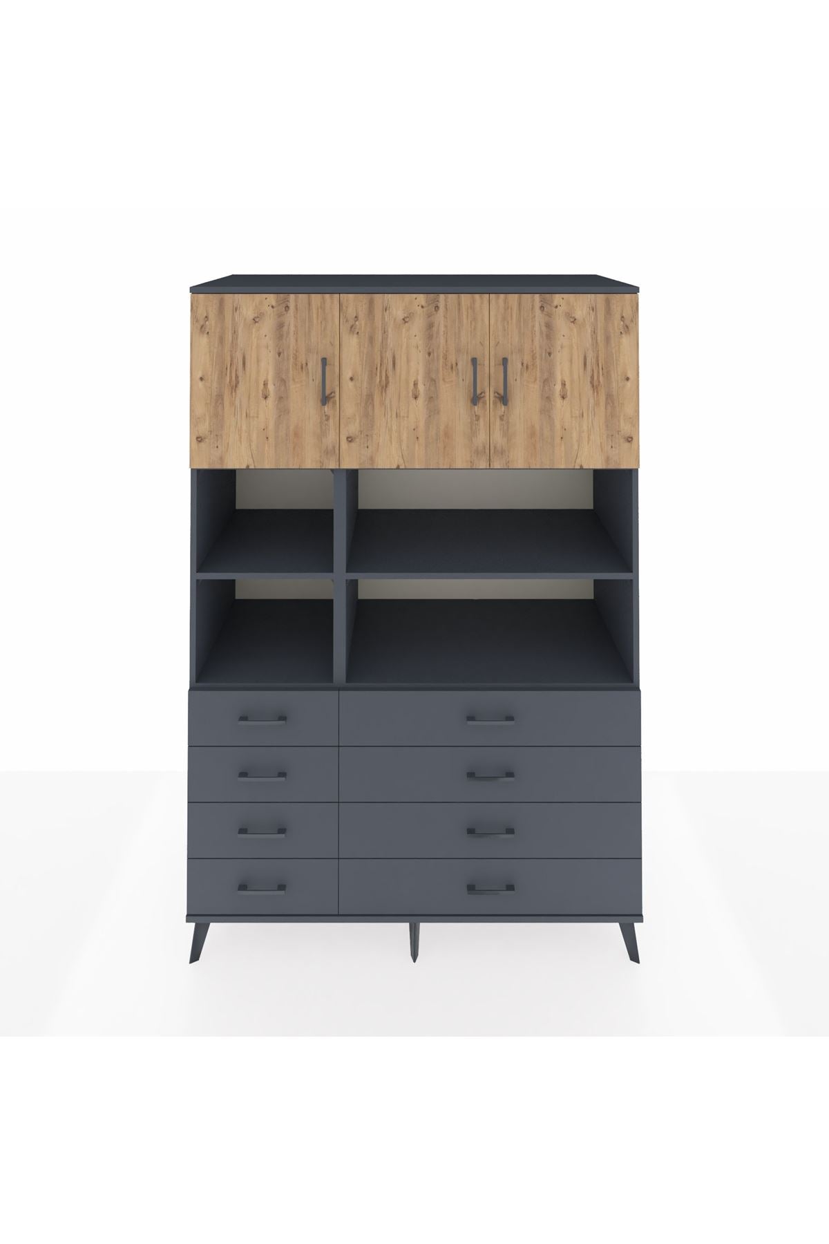 Kronos Dolap 8 Raflı 8 Çekmeceli 3 Kapaklı 132x59x195 Antrasit-Çam/Antrasit