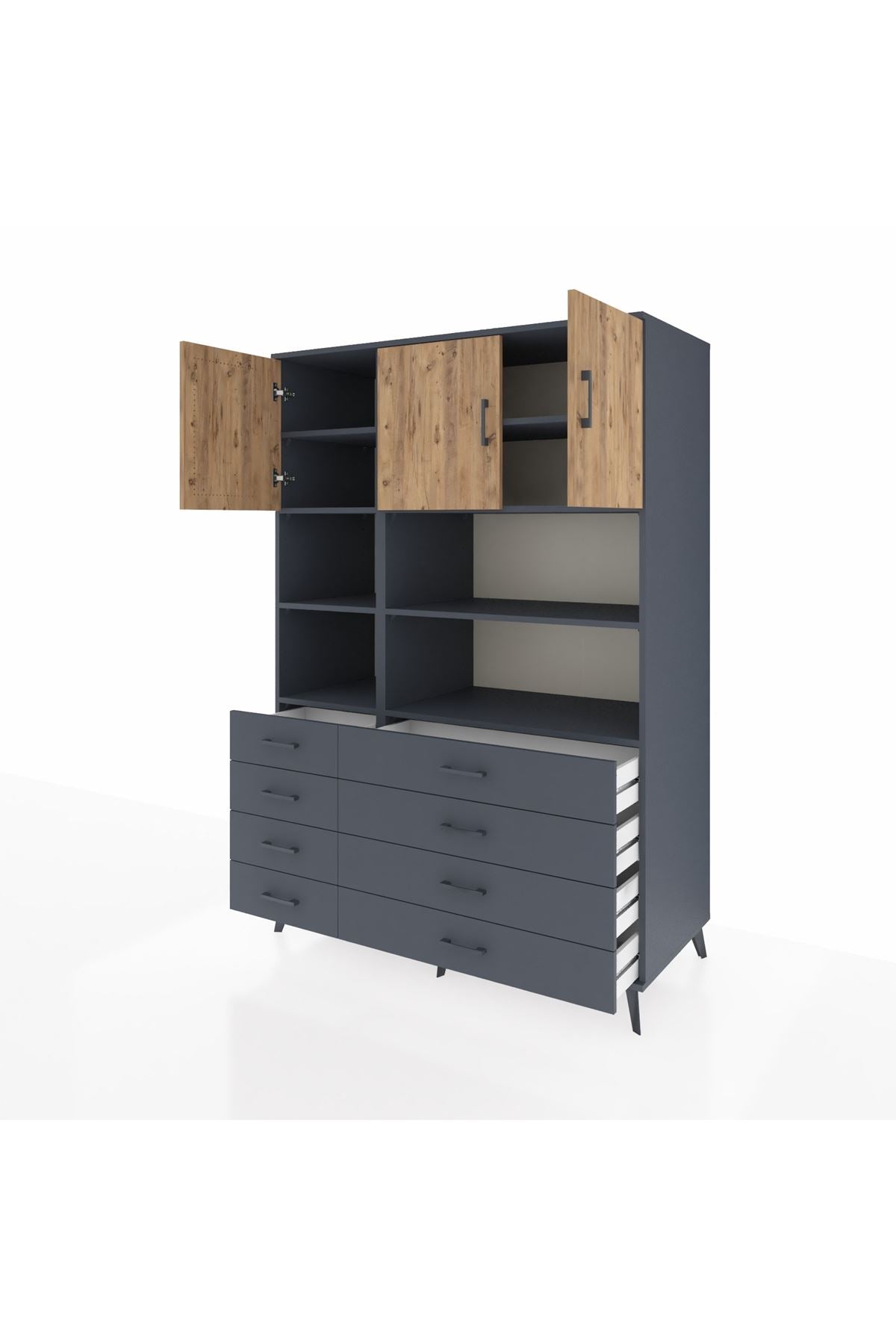 Kronos Dolap 8 Raflı 8 Çekmeceli 3 Kapaklı 132x59x195 Antrasit-Çam/Antrasit