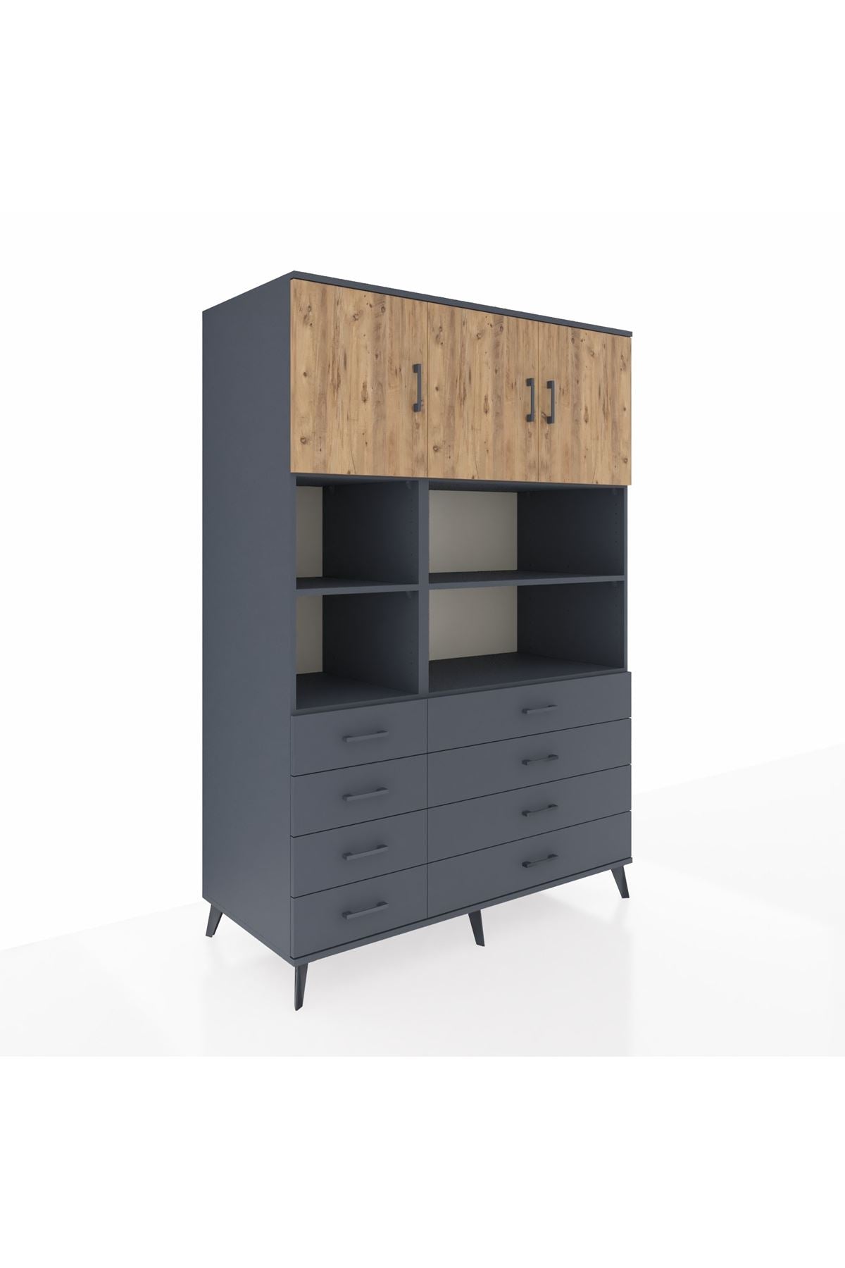 Kronos Dolap 8 Raflı 8 Çekmeceli 3 Kapaklı 132x59x195 Antrasit-Çam/Antrasit