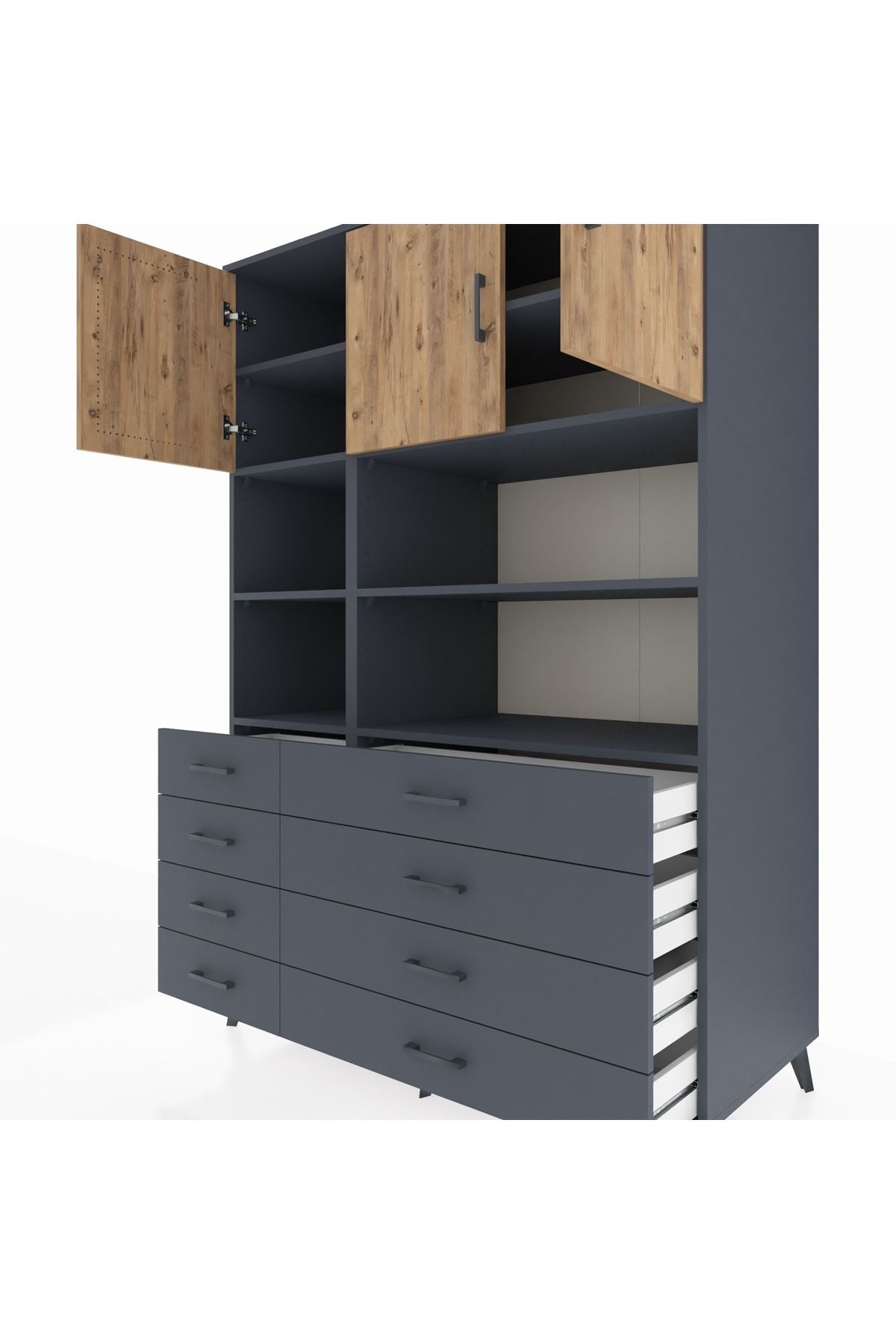 Kronos Dolap 8 Raflı 8 Çekmeceli 3 Kapaklı 132x59x195 Antrasit-Çam/Antrasit