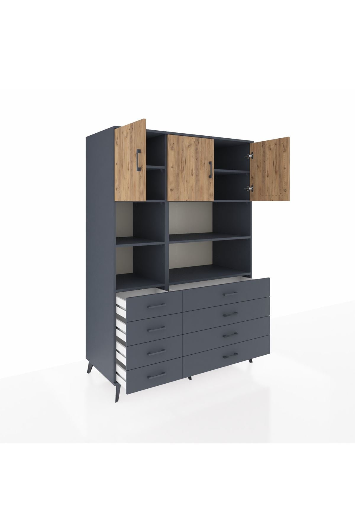 Kronos Dolap 8 Raflı 8 Çekmeceli 3 Kapaklı 132x59x195 Antrasit-Çam/Antrasit