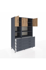 Kronos Dolap 8 Raflı 8 Çekmeceli 3 Kapaklı 132x59x195 Antrasit-Çam/Antrasit
