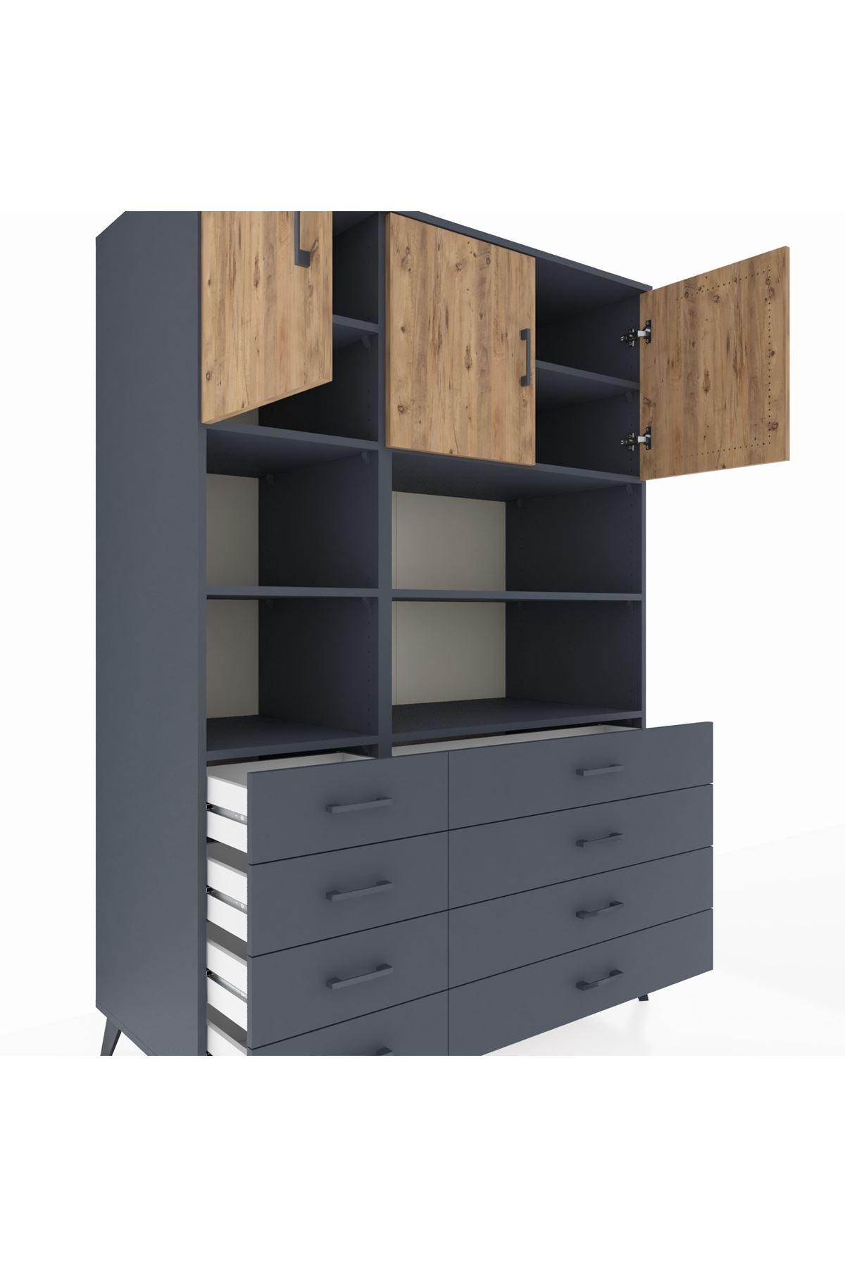 Kronos Dolap 8 Raflı 8 Çekmeceli 3 Kapaklı 132x59x195 Antrasit-Çam/Antrasit
