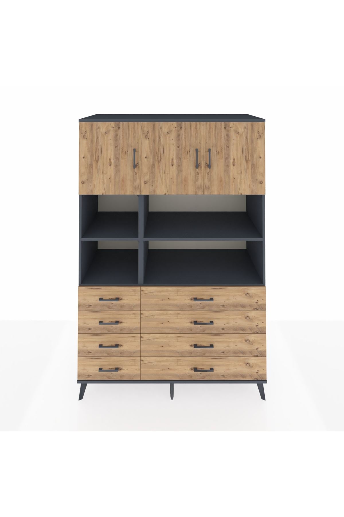 Kronos Dolap 8 Raflı 8 Çekmeceli 3 Kapaklı 132x59x195 Antrasit-Çam/Çam