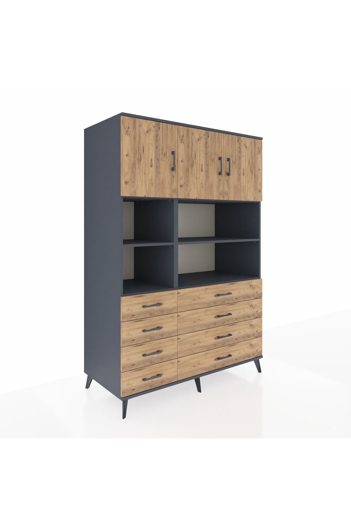 Kronos Dolap 8 Raflı 8 Çekmeceli 3 Kapaklı 132x59x195 Antrasit-Çam/Çam