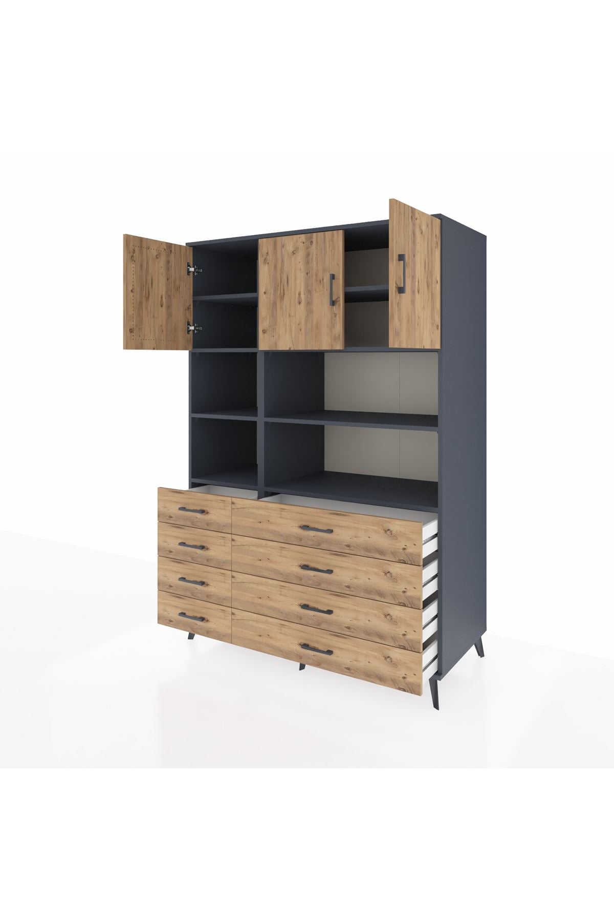 Kronos Dolap 8 Raflı 8 Çekmeceli 3 Kapaklı 132x59x195 Antrasit-Çam/Çam