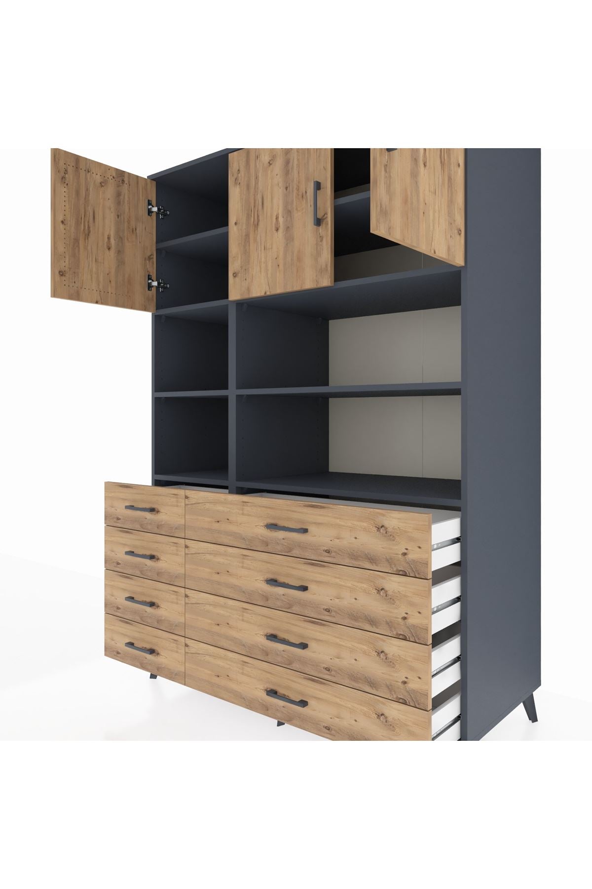 Kronos Dolap 8 Raflı 8 Çekmeceli 3 Kapaklı 132x59x195 Antrasit-Çam/Çam