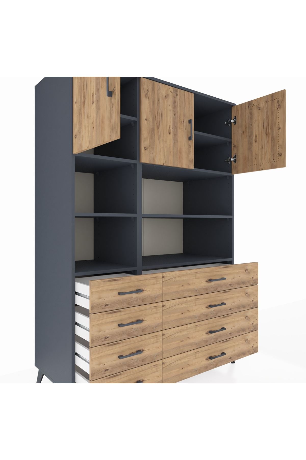 Kronos Dolap 8 Raflı 8 Çekmeceli 3 Kapaklı 132x59x195 Antrasit-Çam/Çam