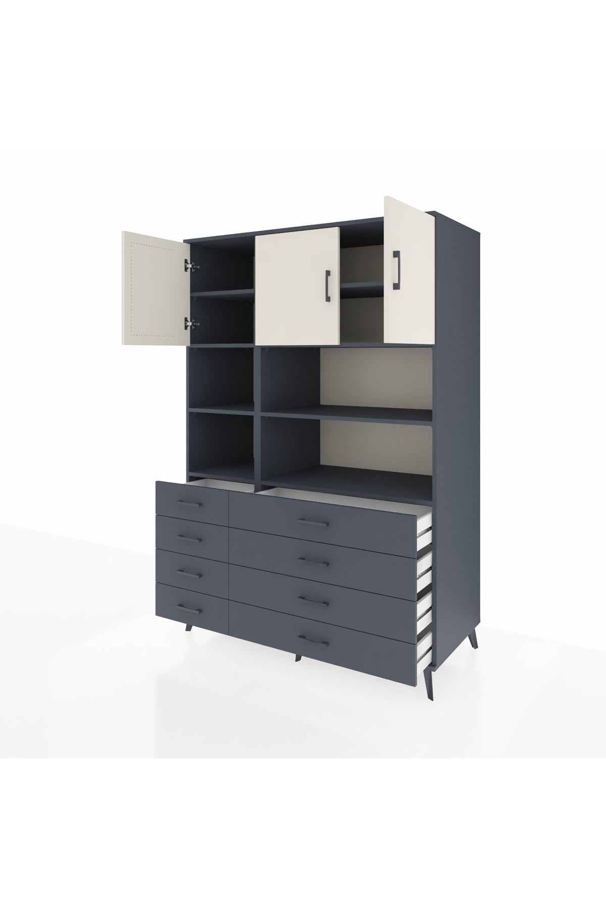 Kronos Dolap 8 Raflı 8 Çekmeceli 3 Kapaklı 132x59x195 Antrasit-Aytaşı/Antrasit