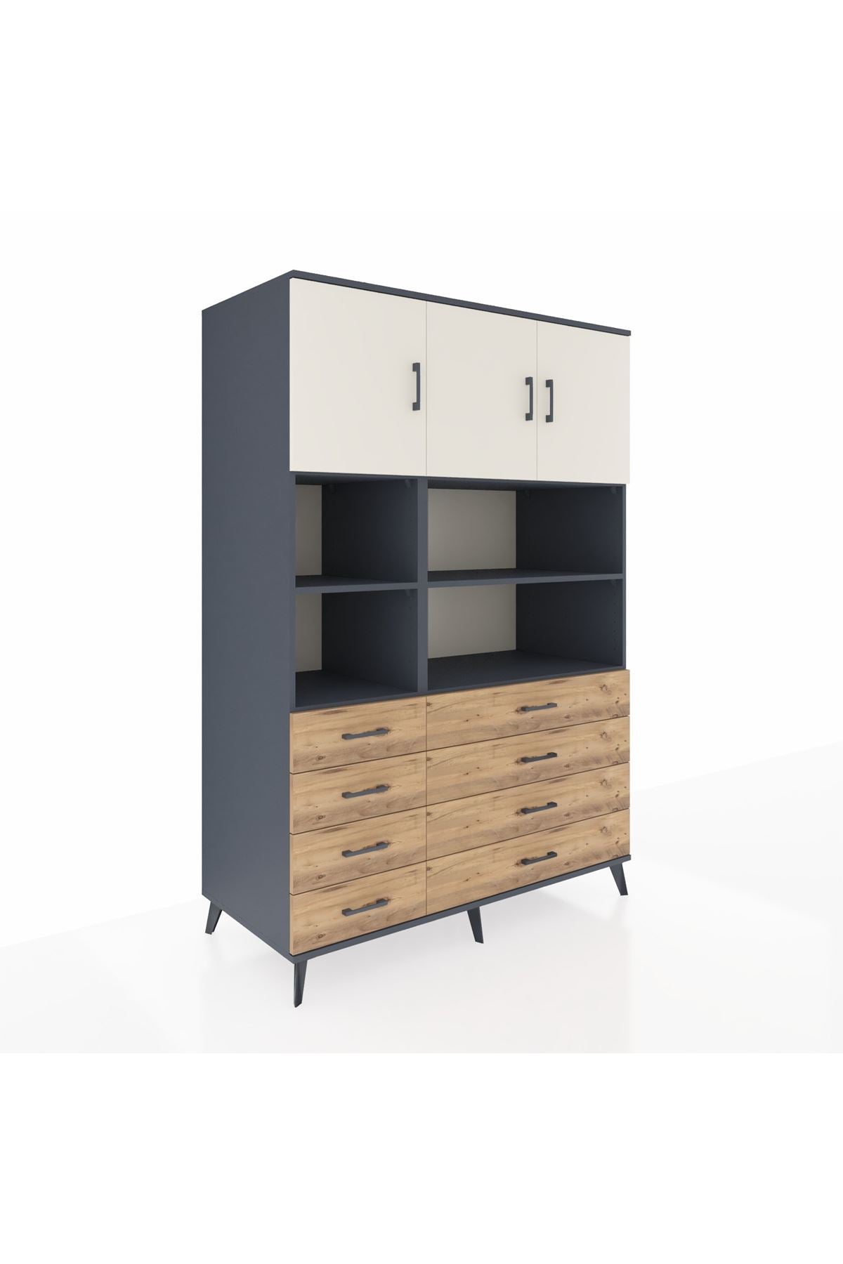 Kronos Dolap 8 Raflı 8 Çekmeceli 3 Kapaklı 132x59x195 Antrasit-Aytaşı/Çam