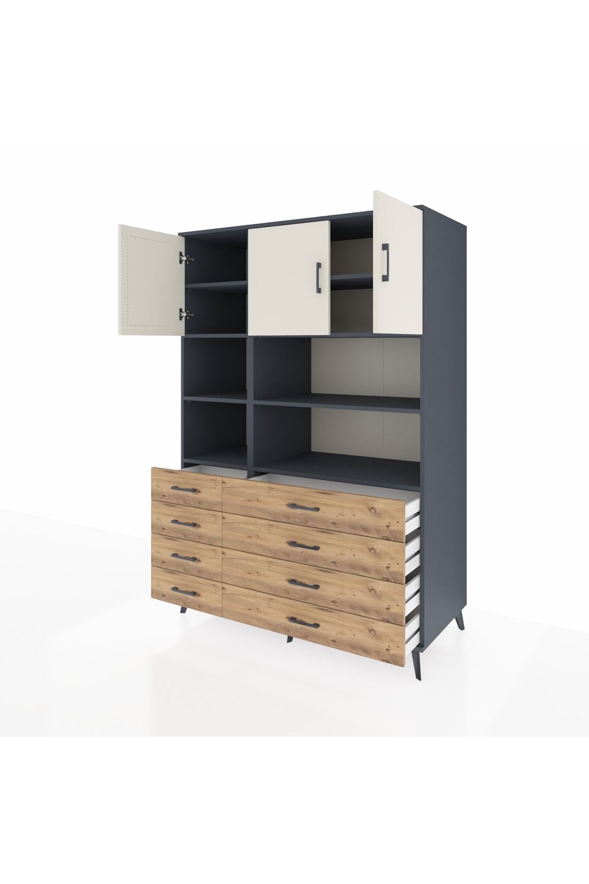 Kronos Dolap 8 Raflı 8 Çekmeceli 3 Kapaklı 132x59x195 Antrasit-Aytaşı/Çam