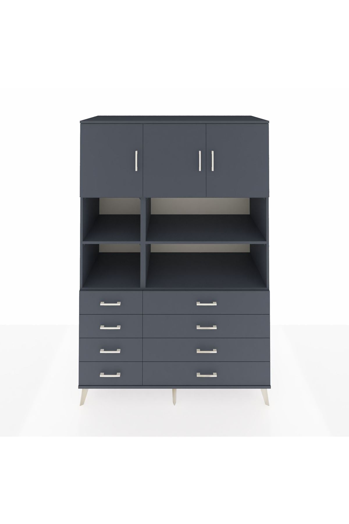 Kronos Dolap 8 Raflı 8 Çekmeceli 3 Kapaklı 132x59x195 Antrasit-Antrasit/Antrasit