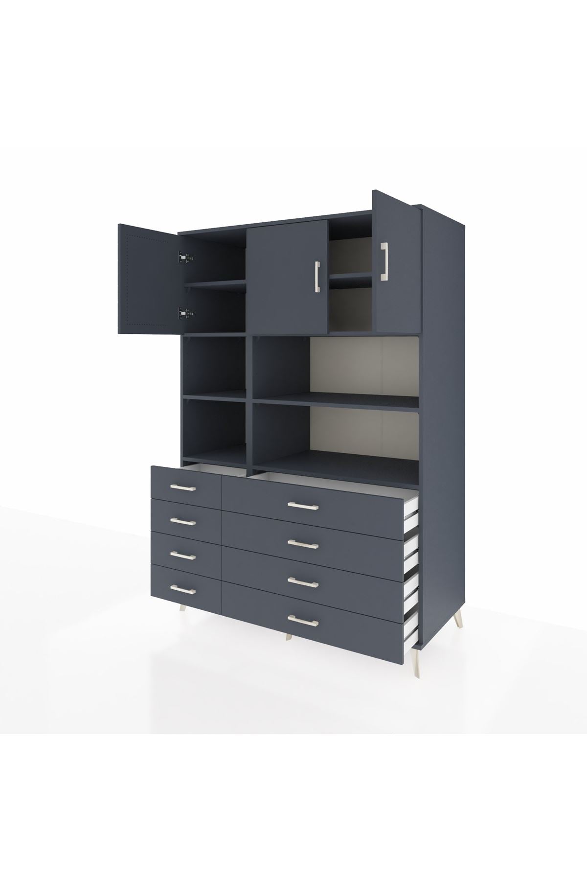 Kronos Dolap 8 Raflı 8 Çekmeceli 3 Kapaklı 132x59x195 Antrasit-Antrasit/Antrasit